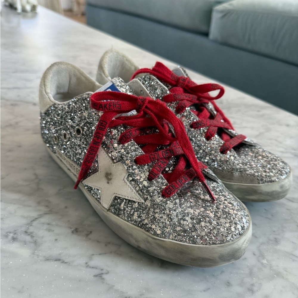 Golden Goose Silver Glitter Sneakers with Red Laces